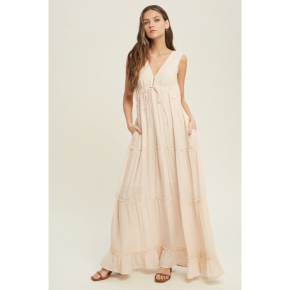 SOLD OUT Natural Bohemian Sleeveless Tiered Ruffle Drawstring Casual Maxi Dress - Picture 2 of 5
